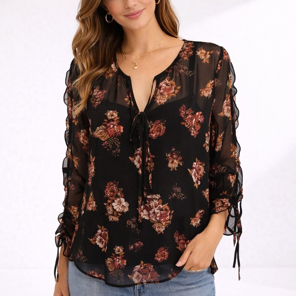 ModCloth Pleased to Meet You Blouse M NWT Black Floral Sheer Tie Neck Top